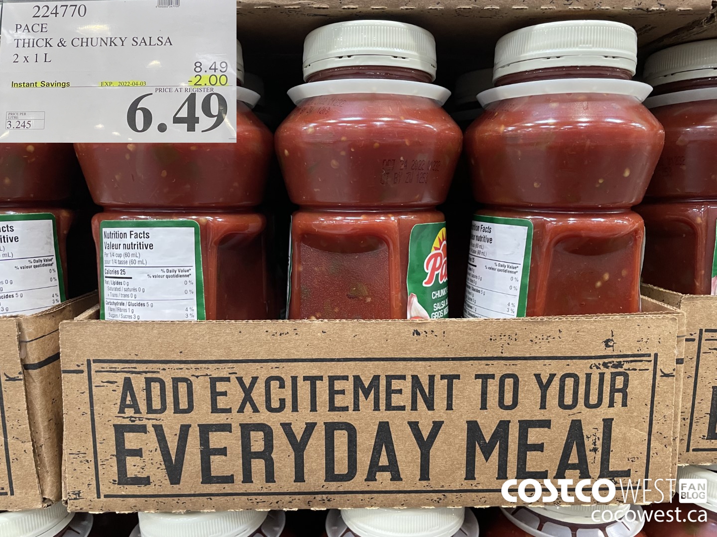 224770 PACE THICK & CHUNKY SALSA 2 X 1L ($2.00 INSTANT SAVINGS EXPIRES ON 2022-04-03) $6.49