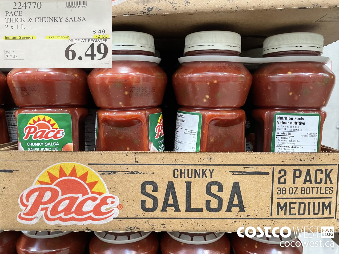 224770 PACE THICK & CHUNKY SALSA 2 X 1L ($2.00 INSTANT SAVINGS EXPIRES ON 2022-04-03) $6.49