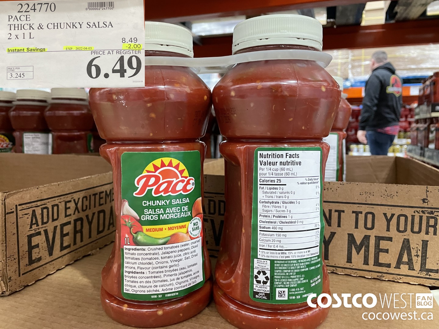 224770 PACE THICK & CHUNKY SALSA 2 X 1L ($2.00 INSTANT SAVINGS EXPIRES ON 2022-04-03) $6.49