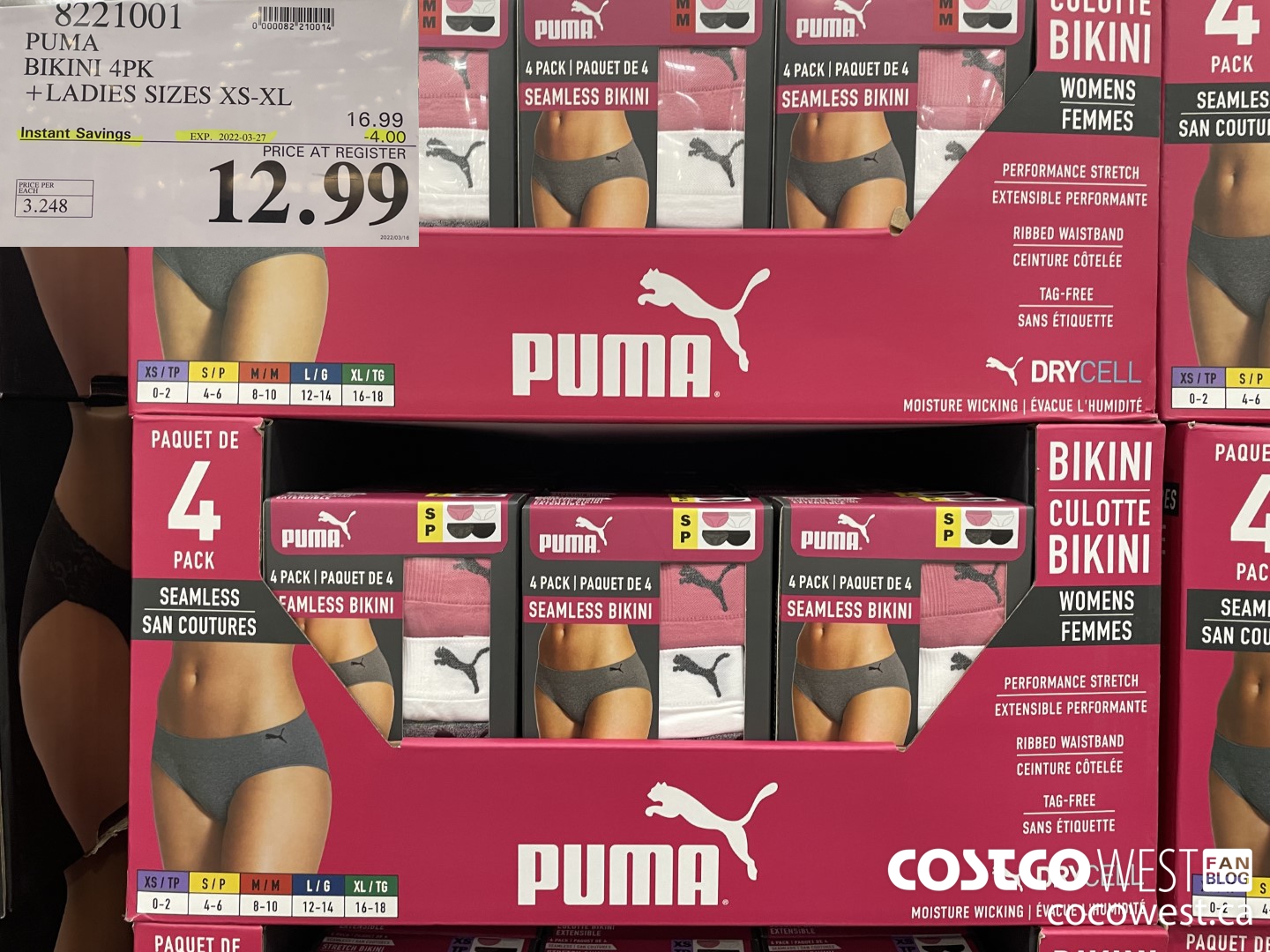 8221001 PUMA BIKINI 4PK LADIES SIZES XS-XL ($4.00 INSTANT SAVINGS EXPIRES ON 2022-03-27) $12.99