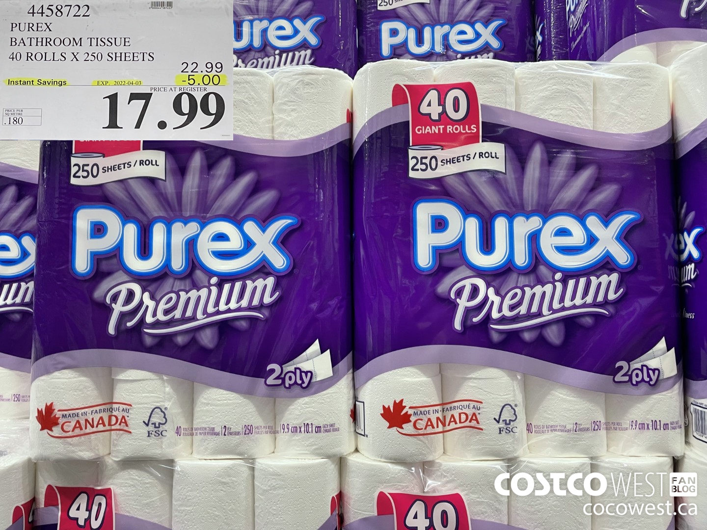 4458722 PUREX BATHROOM TISSUE 40 ROLLS X 250 SHEETS ($5.00 INSTANT SAVINGS EXPIRES ON 2022-04-03) $17.99