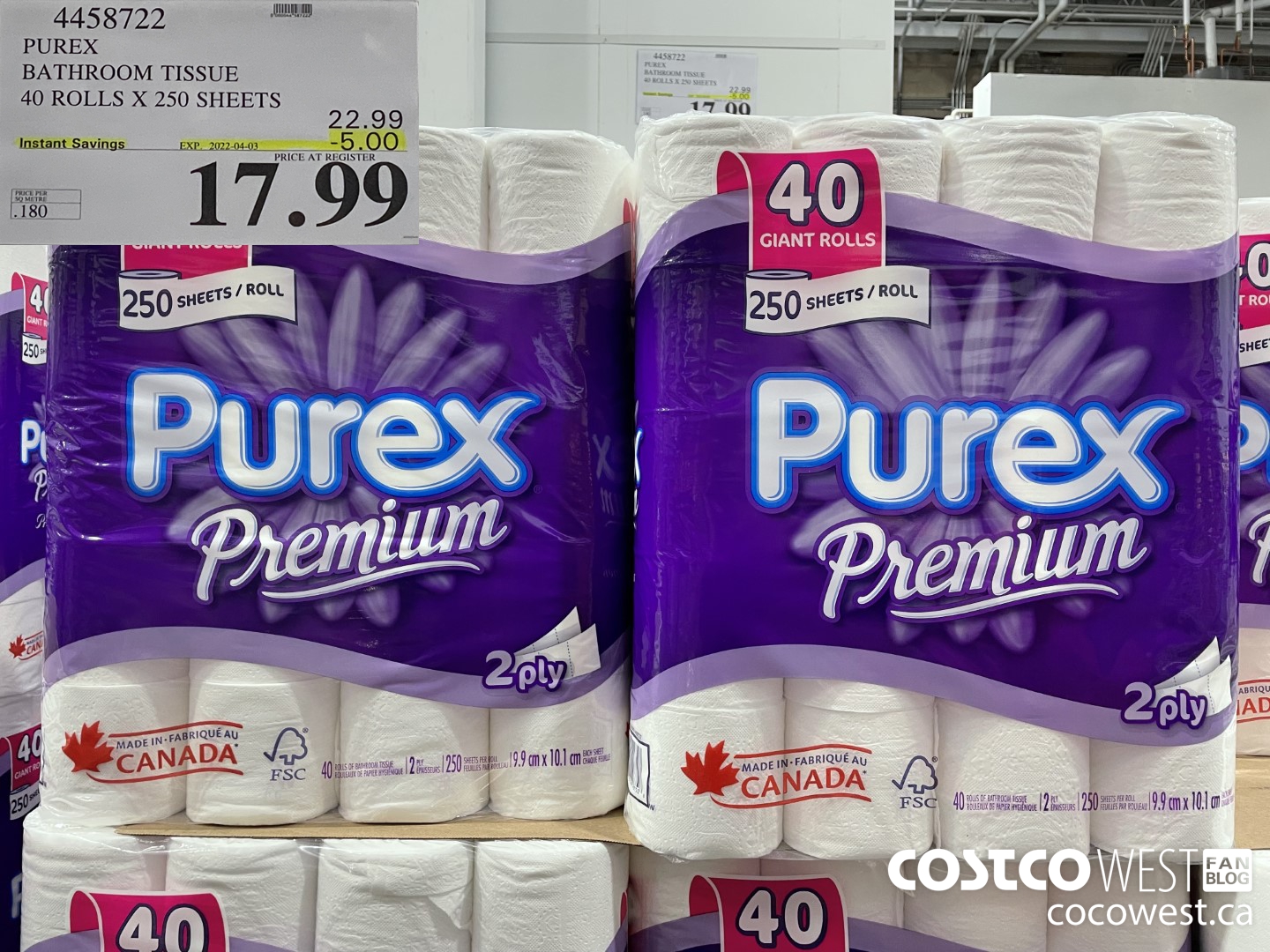 4458722 PUREX BATHROOM TISSUE 40 ROLLS X 250 SHEETS ($5.00 INSTANT SAVINGS EXPIRES ON 2022-04-03) $17.99