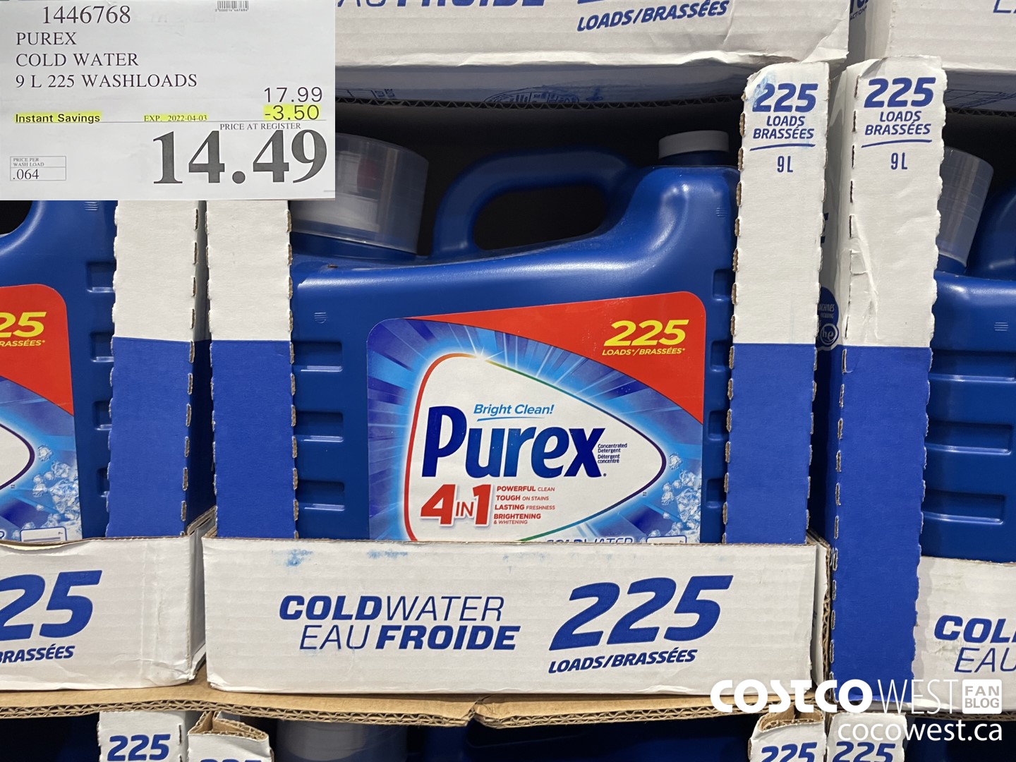 1446768 PUREX COLD WATER 9 L 225 WASHLOADS ($3.50 INSTANT SAVINGS EXPIRES ON 2022-04-03) $14.49