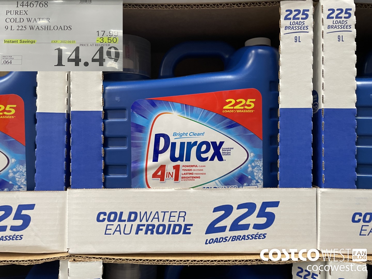 1446768 PUREX COLD WATER 9 L 225 WASHLOADS ($3.50 INSTANT SAVINGS EXPIRES ON 2022-04-03) $14.49