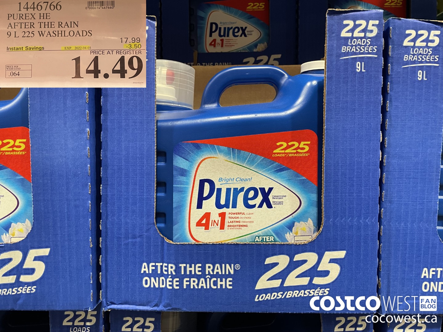 1446766 PUREX HE AFTER THE RAIN 9 L 225 WASHLOADS ($3.50 INSTANT SAVINGS EXPIRES ON 2022-04-03) $14.49