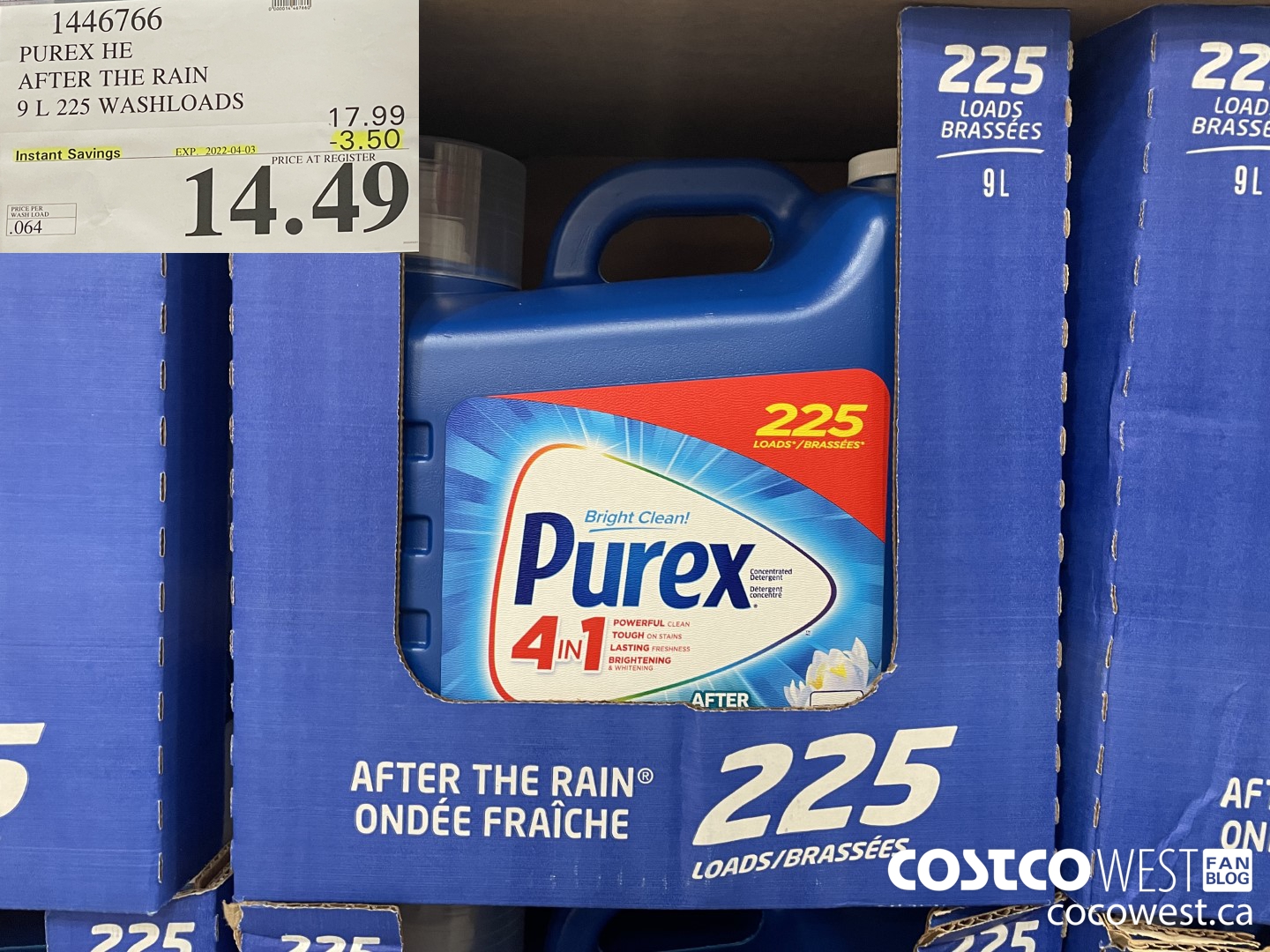 1446766 PUREX HE AFTER THE RAIN 9 L 225 WASHLOADS ($3.50 INSTANT SAVINGS EXPIRES ON 2022-04-03) $14.49