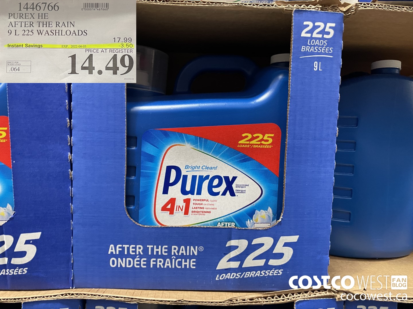 1446766 PUREX HE AFTER THE RAIN 9 L 225 WASHLOADS ($3.50 INSTANT SAVINGS EXPIRES ON 2022-04-03) $14.49