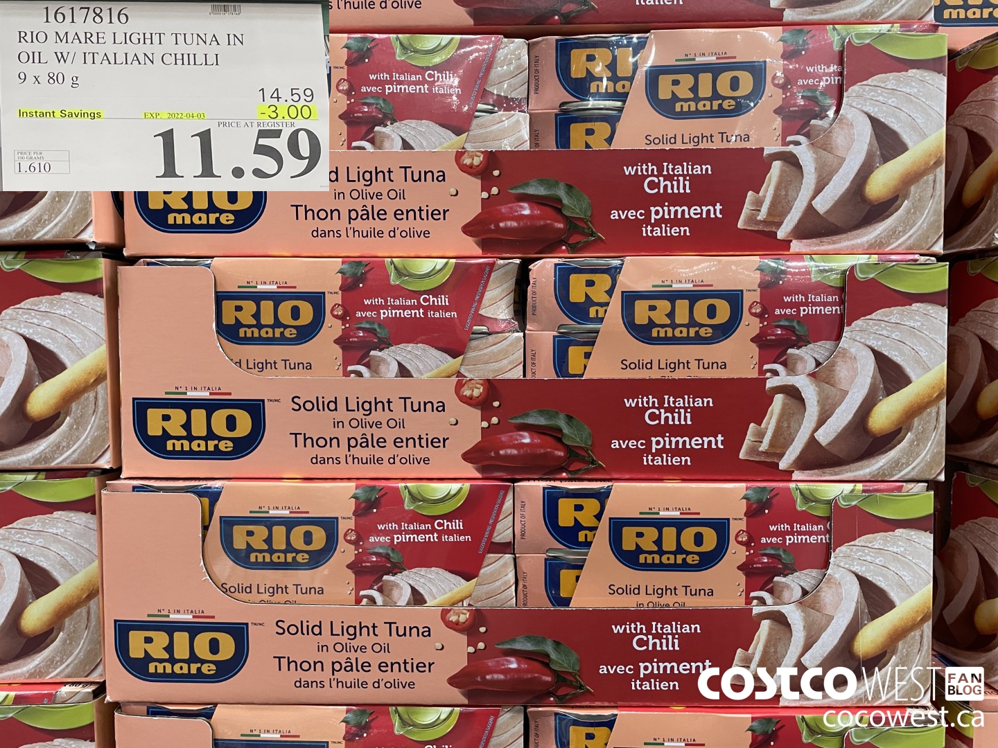 1617816 RIO MARE LIGHT TUNA IN OIL W/ ITALIAN CHILLI 9 x 80 g ($3.00 INSTANT SAVINGS EXPIRES ON 2022-04-03) $11.59