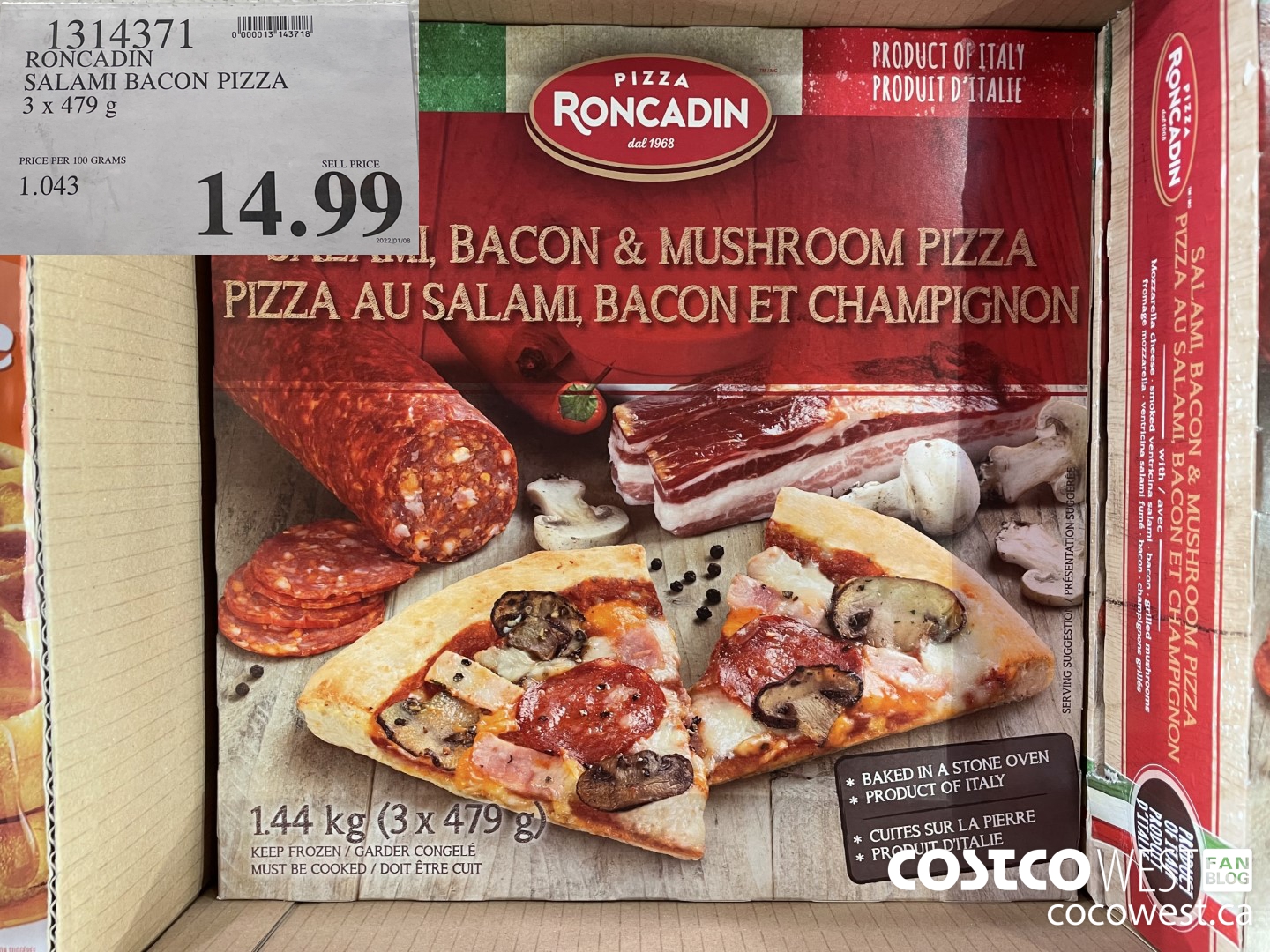 1314371 RONCADIN SALAMI BACON PIZZA 3 x 479 g $14.99