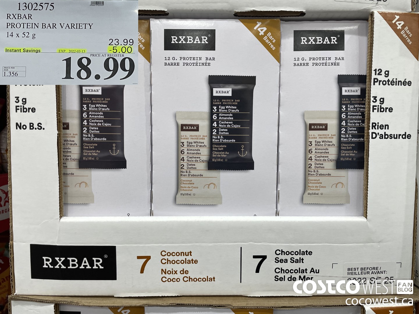 1302575 RX EGG WHITE PROTEIN BAR VARIETY PACK 14 x 52 g ($5.00 INSTANT SAVINGS EXPIRES ON 2022-03-13) $18.99