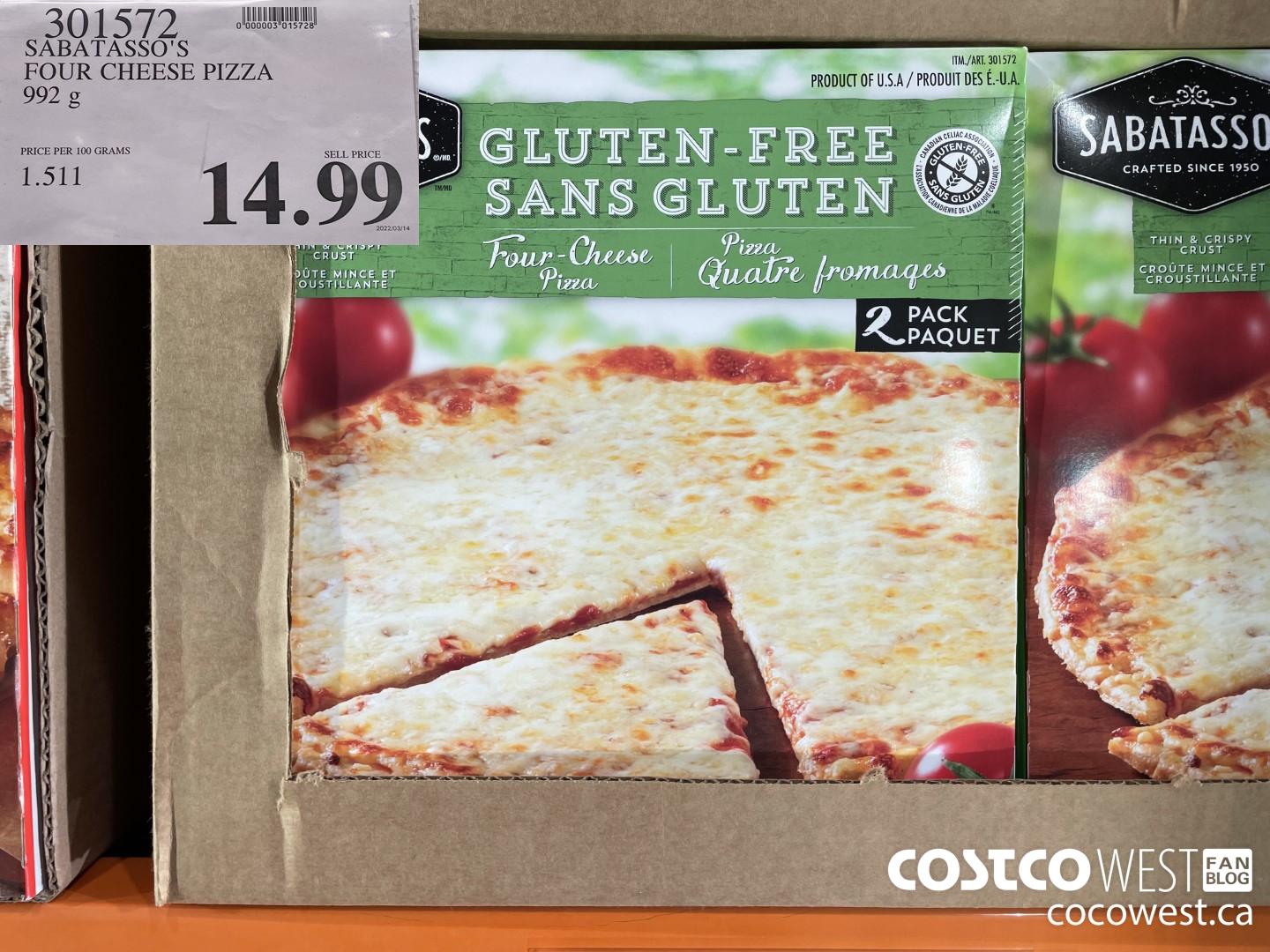301572 SABATASSO'S GLUTEN-FREE CHEESE PIZZA 2 X 496 G $14.99