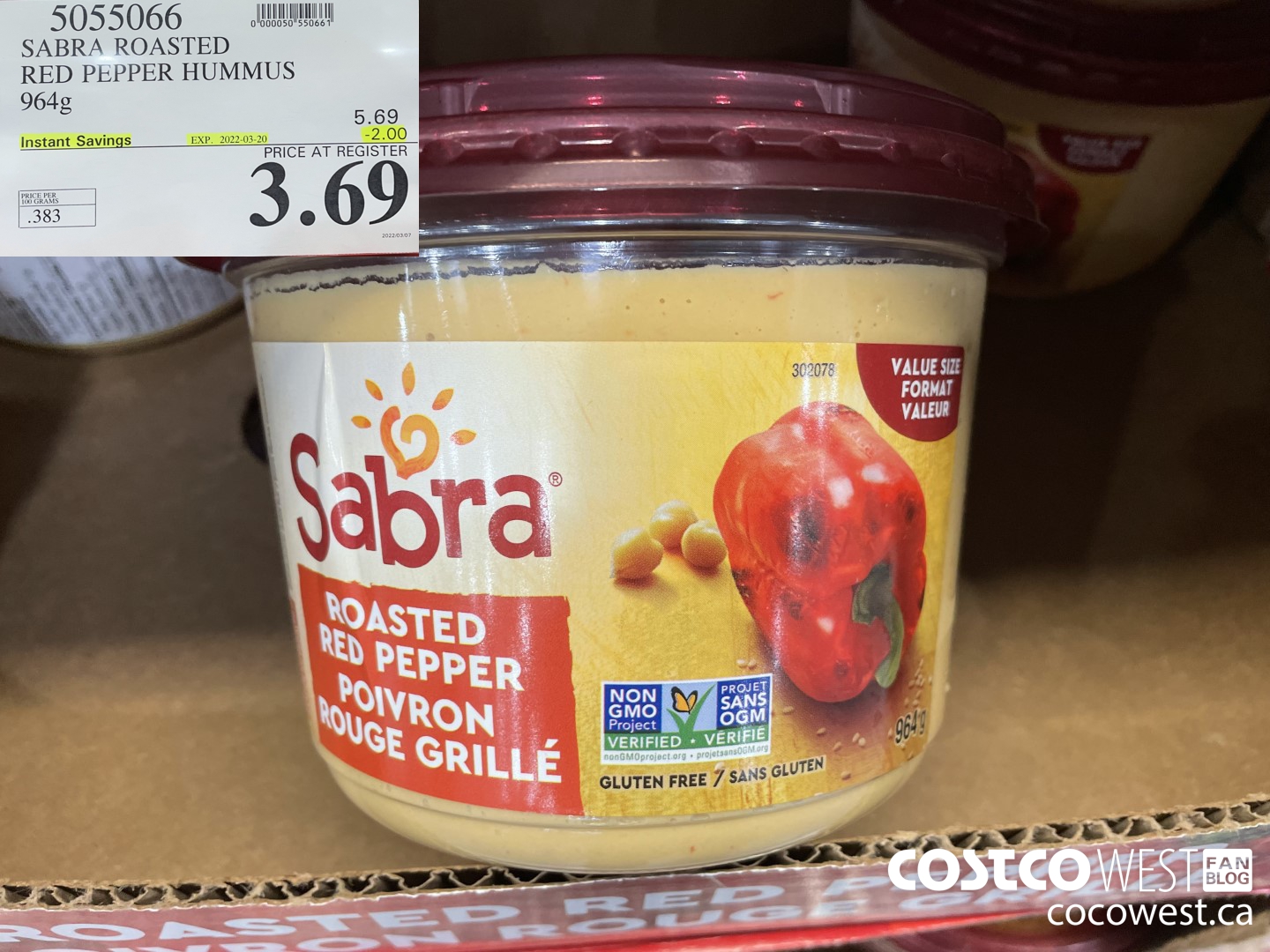 5055066 SABRA ROASTED RED PEPPER HUMMUS 964g  ($2.00 INSTANT SAVINGS EXPIRES ON 2022-03-20) $3.69