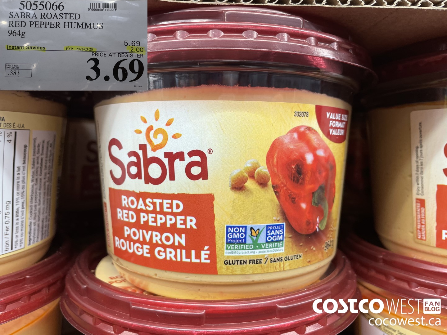 5055066 SABRA ROASTED RED PEPPER HUMMUS 964g  ($2.00 INSTANT SAVINGS EXPIRES ON 2022-03-20) $3.69
