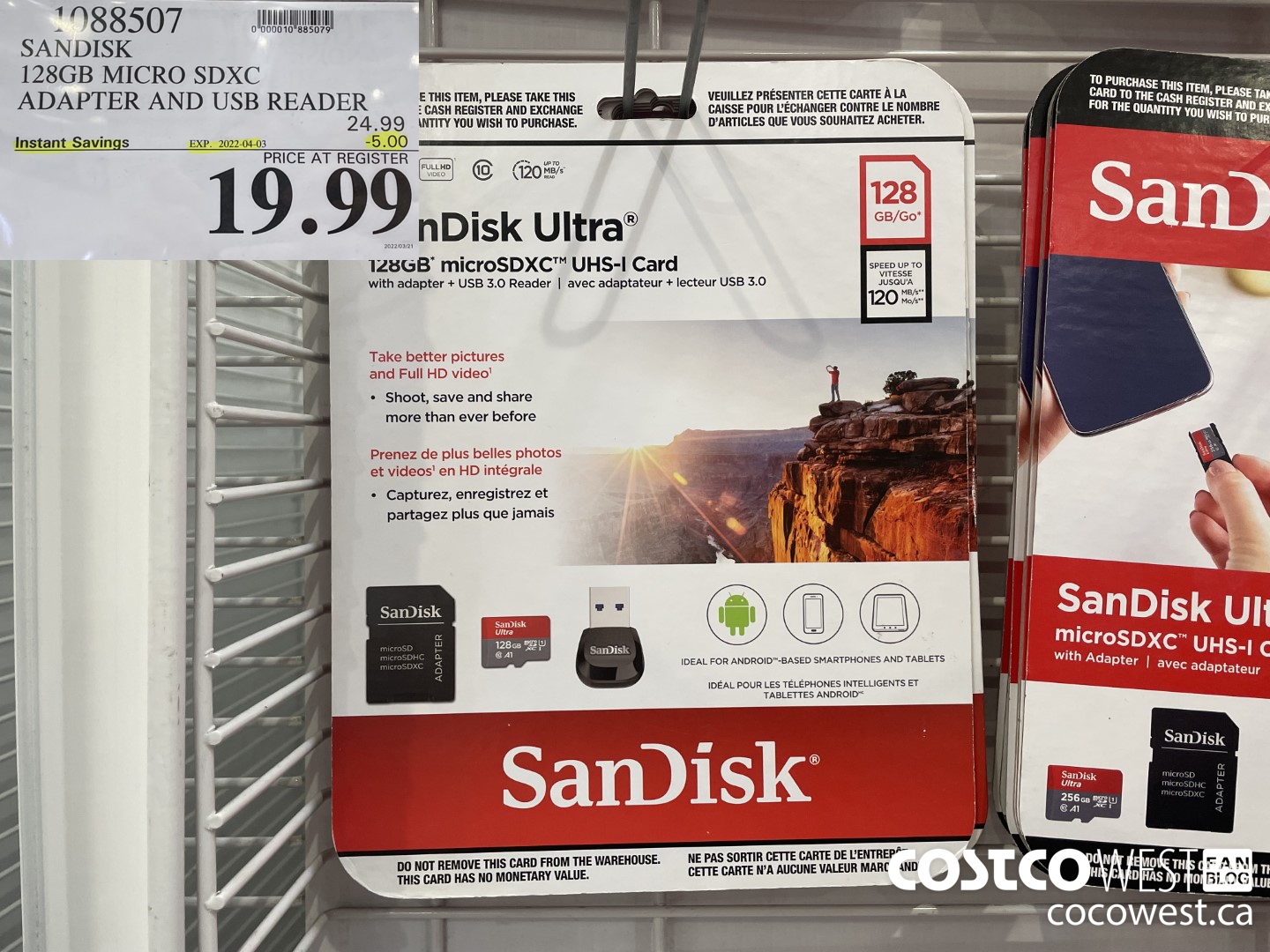 1088507 SANDISK 128GB MICRO SDXC ADAPTER AND USB READER ($5.00 INSTANT SAVINGS EXPIRES ON 2022-04-03) $19.99