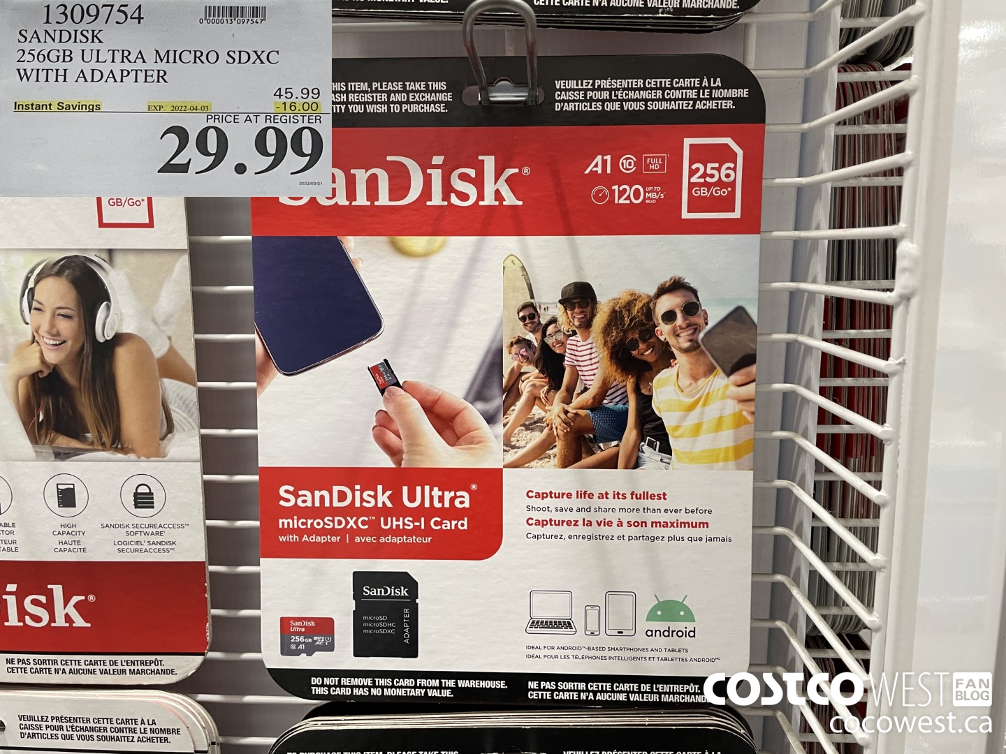 1309754 SANDISK 256GB ULTRA MICRO SDXC WITH ADAPTER  ($16.00 INSTANT SAVINGS EXPIRES ON 2022-04-03) $29.99