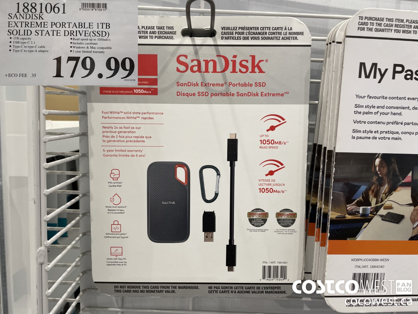 1881061 SANDISK EXTREME PORTABLE 1TB SOLID STATE DRIVE(SSD) $179.99