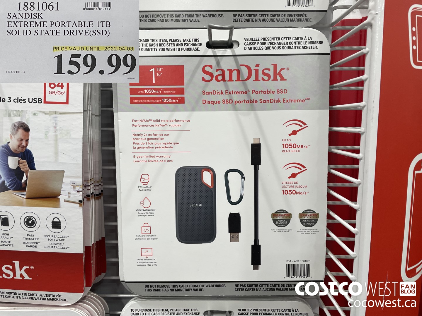 1881061 SANDISK EXTREME PORTABLE 1TB SOLID STATE DRIVE(SSD) (EXPIRES ON 2022-04-03) $159.99