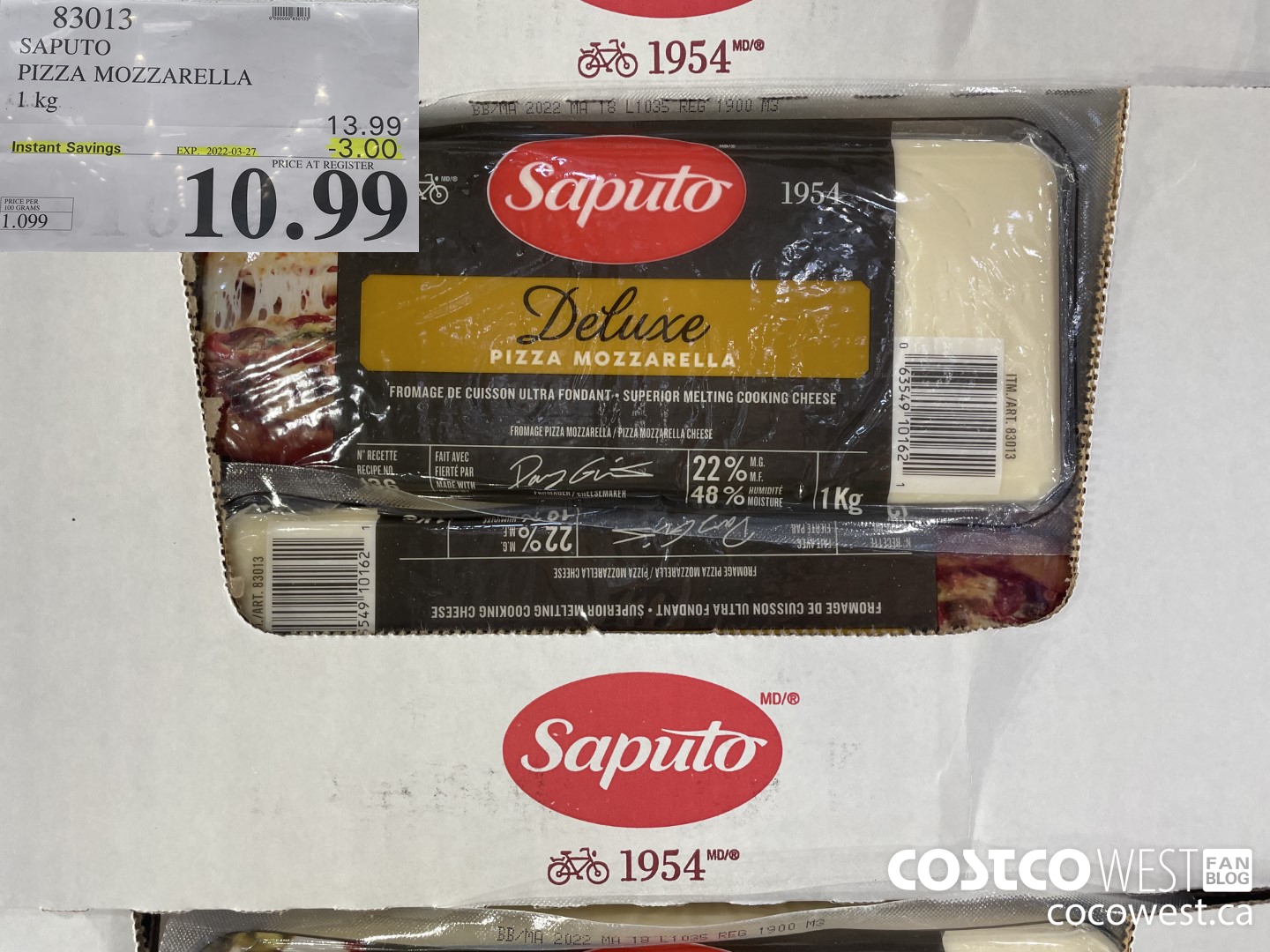 83013 SAPUTO PIZZA MOZZARELLA 1 kg ($3.00 INSTANT SAVINGS EXPIRES ON 2022-03-27) $10.99