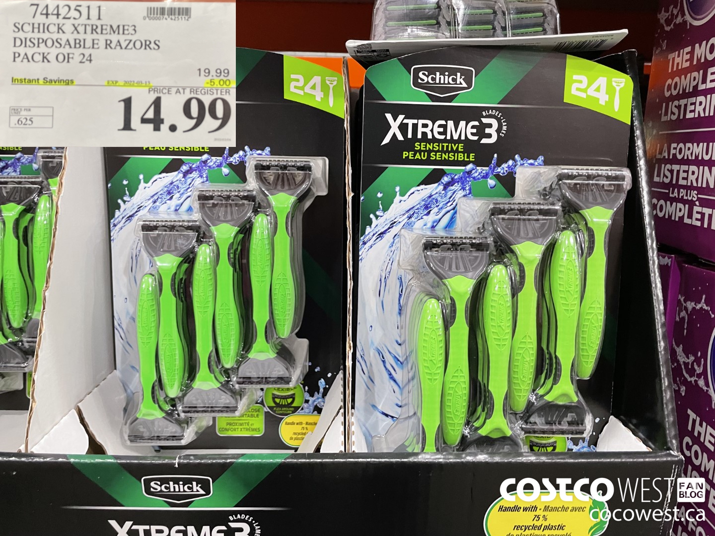 7442511 SCHICK XTREME3 DISPOSABLE RAZORS PACK OF 24 ($5.00 INSTANT SAVINGS EXPIRES ON 2022-03-13) $14.99