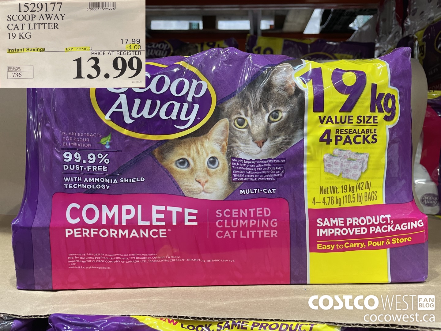 1529177 SCOOP AWAY CAT LITTER 19 KG ($4.00 INSTANT SAVINGS EXPIRES ON 2022-03-27) $13.99