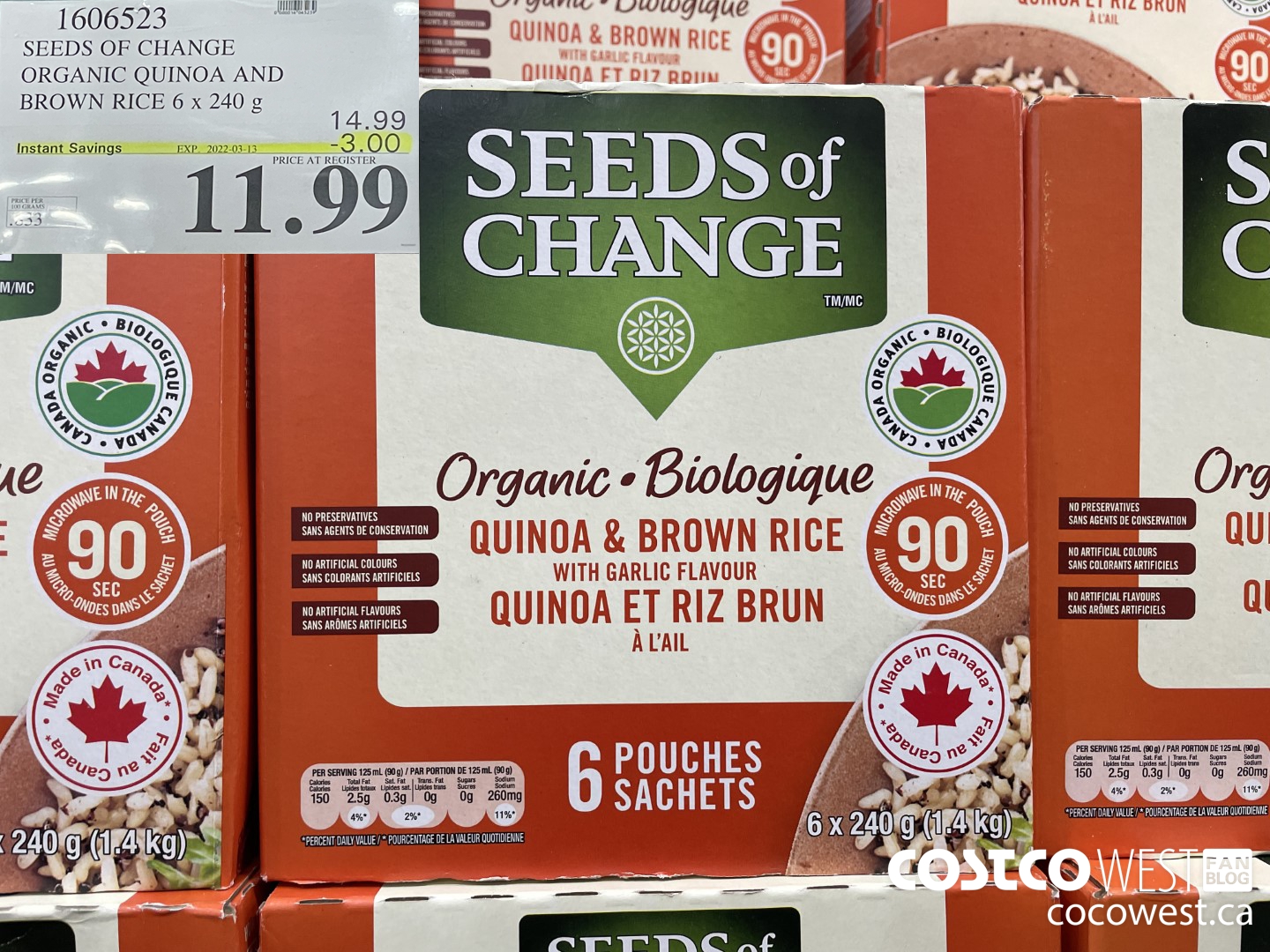 1606523 SEEDS OF CHANGE ORGANIC QUINOA AND BROWN RICE 6 x 240 g ($3.00 INSTANT SAVINGS EXPIRES ON 2022-03-13) $11.99