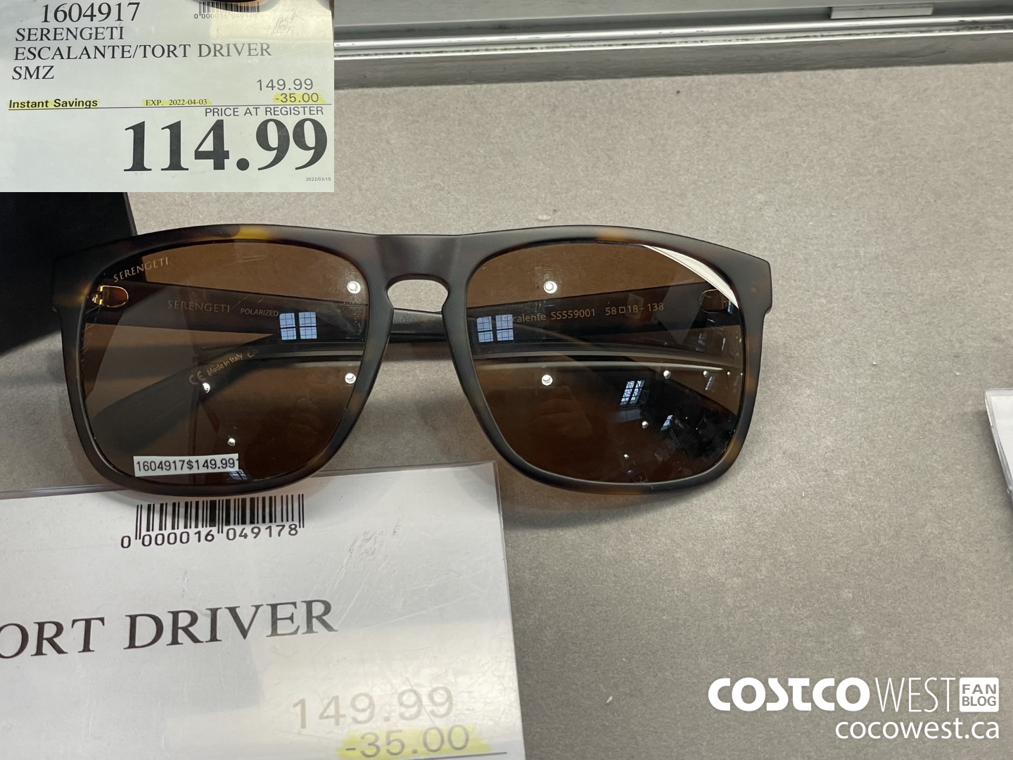 1604917 SERENGETI ESCALANTE/TORT DRIVER SMZ ($35.00 INSTANT SAVINGS EXPIRES ON 2022-04-03) $114.99