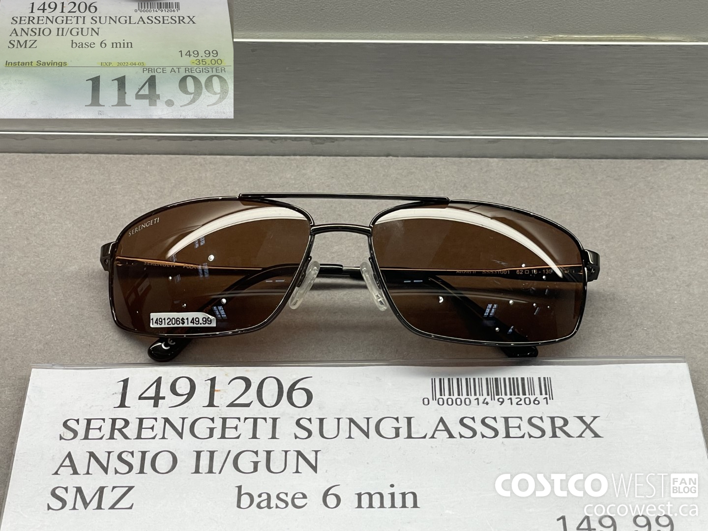 1491206 SERENGETI SUNGLASSESRX ANSIO II/GUN SMZ base 6 min ($35.00 INSTANT SAVINGS EXPIRES ON 2022-04-03) $114.99