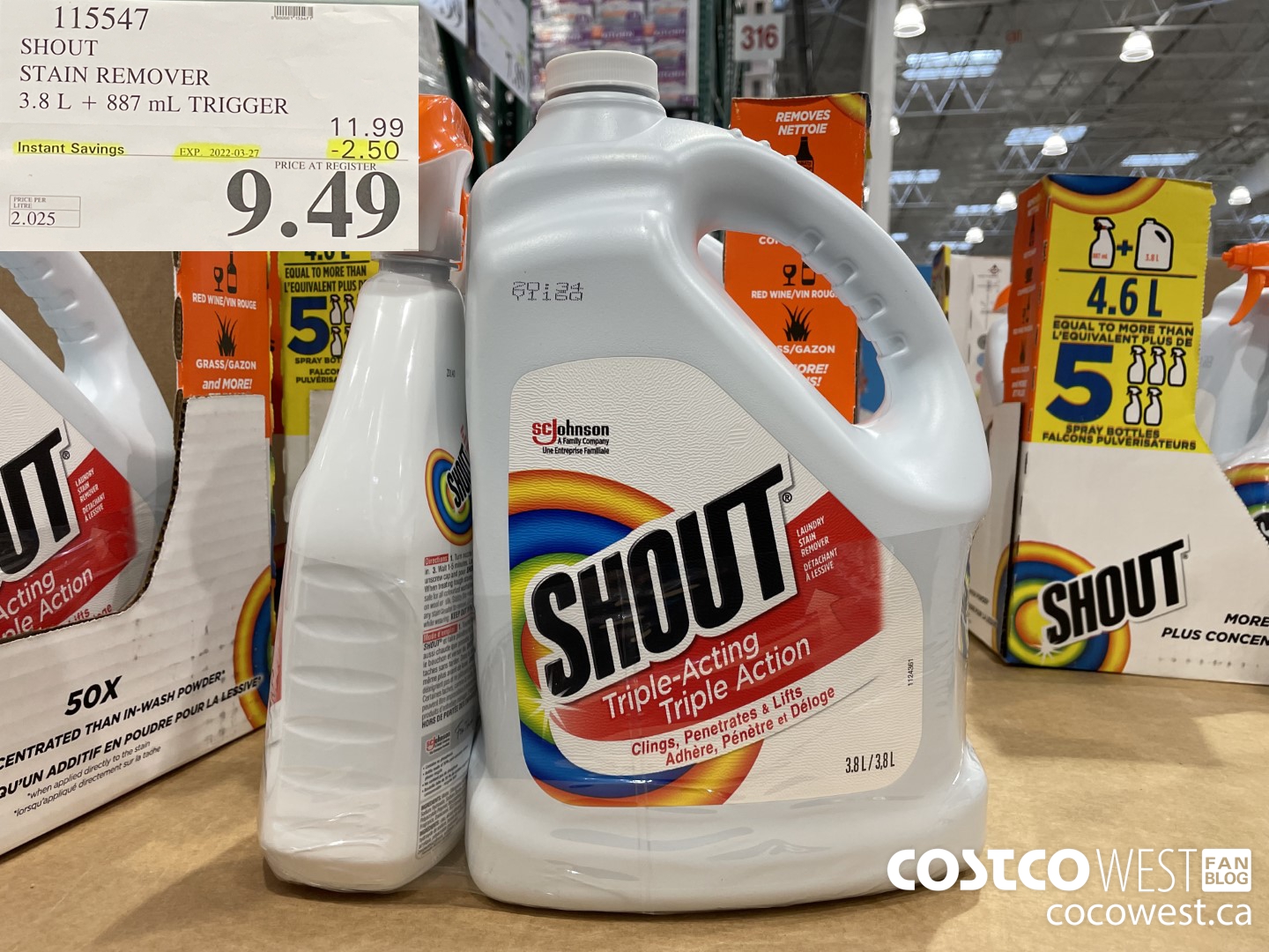 115547 SHOUT STAIN REMOVER 3.8L + 877 ML TRIGGER ($2.50 INSTANT SAVINGS EXPIRES ON 2022-03-27) $9.49