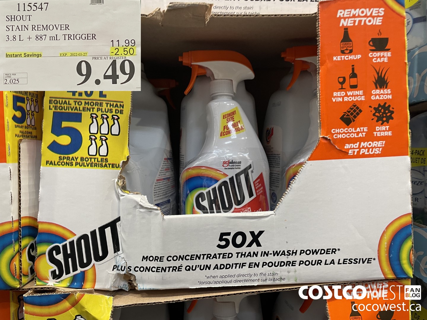 115547 SHOUT STAIN REMOVER 3.8L + 877 ML TRIGGER ($2.50 INSTANT SAVINGS EXPIRES ON 2022-03-27) $9.49