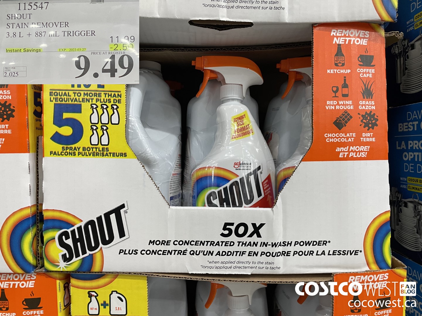 115547 SHOUT STAIN REMOVER 3.8 L + 887 mL TRIGGER ($2.50 INSTANT SAVINGS EXPIRES ON 2022-03-27) $9.49