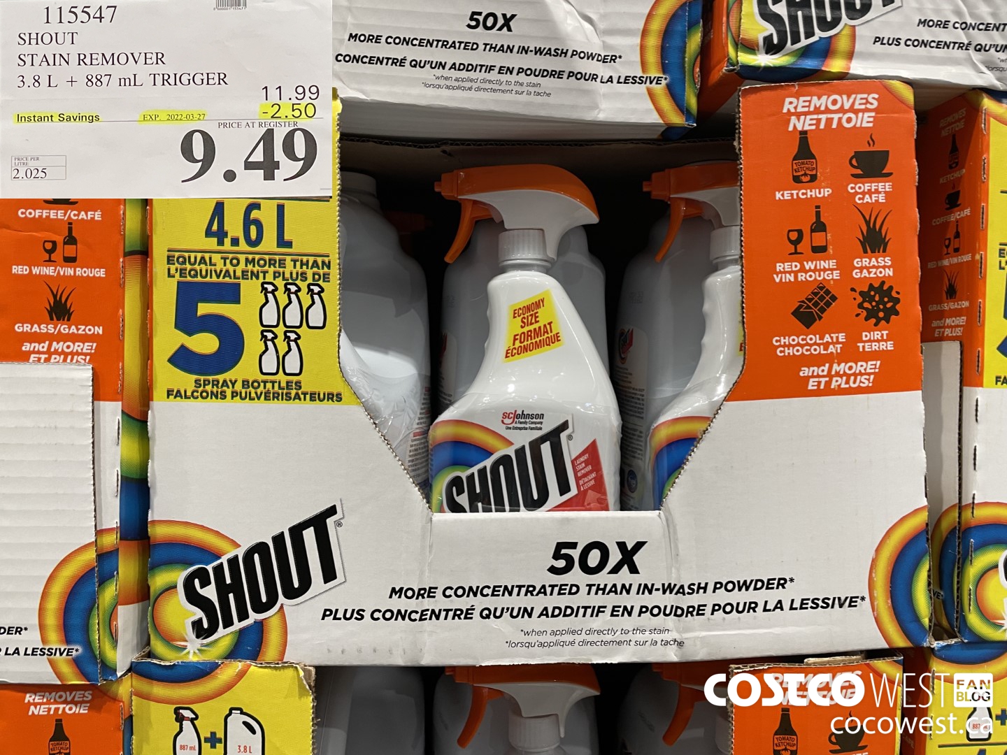 115547 SHOUT  STAIN REMOVER 3.8 L + 887 mL TRIGGER ($2.50 INSTANT SAVINGS EXPIRES ON 2022-03-27) $9.49