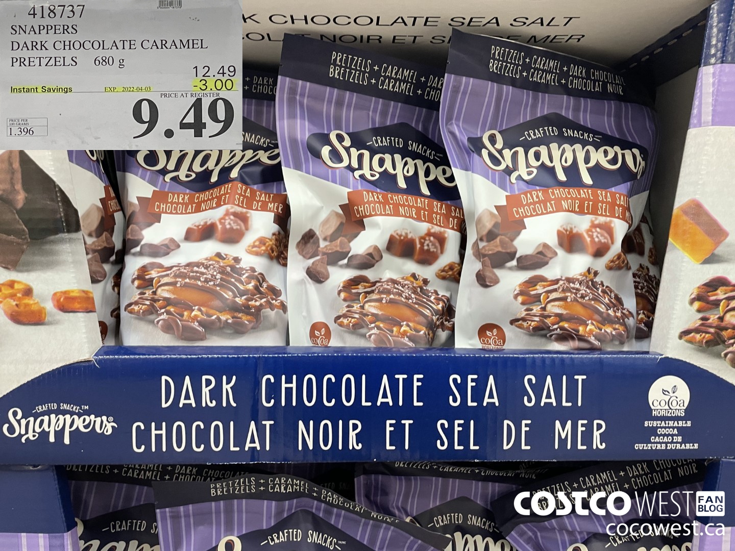 418737 SNAPPERS DARK CHOCOLATE CARAMEL PRETZELS 680 g ($3.00 INSTANT SAVINGS EXPIRES ON 2022-04-03) $9.49
