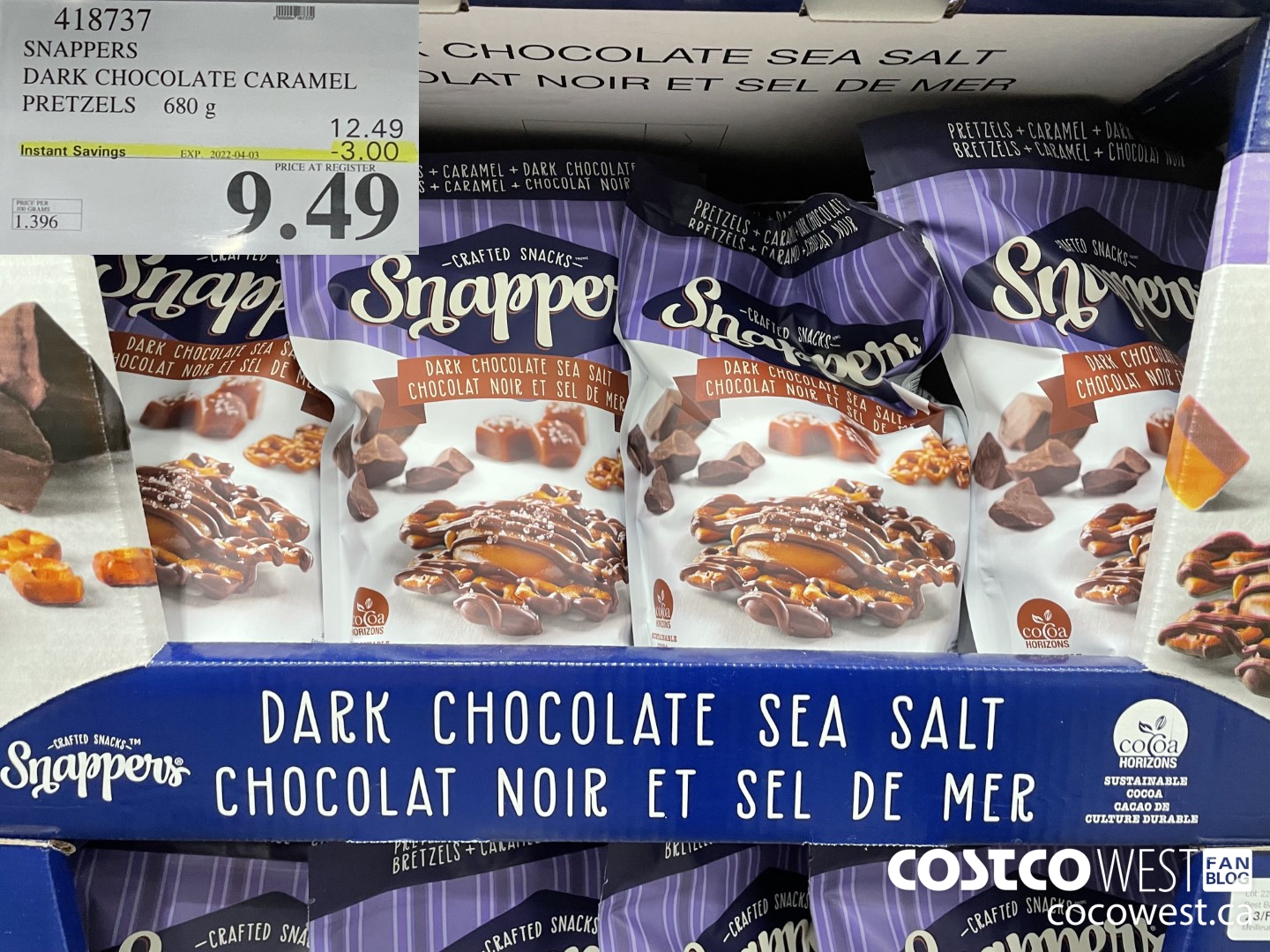 418737 SNAPPERS DARK CHOCOLATE CARAMEL PRETZELS 680 g ($3.00 INSTANT SAVINGS EXPIRES ON 2022-04-03) $9.49