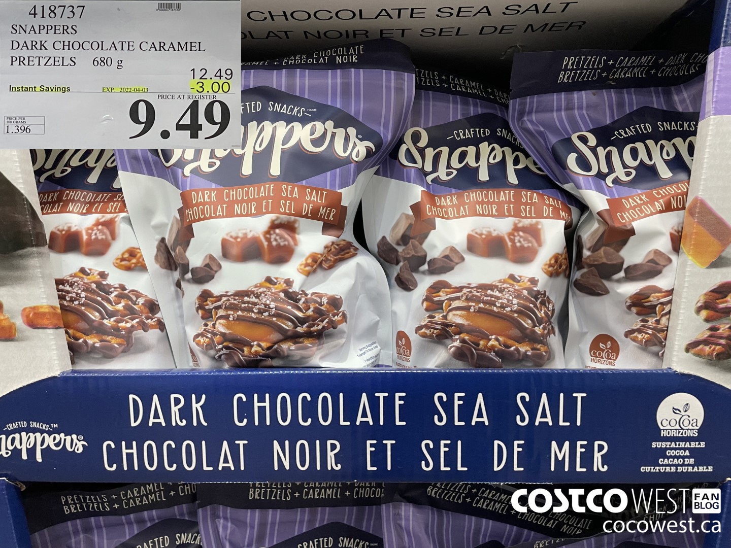 418737 SNAPPERS DARK CHOCOLATE CARAMEL PRETZELS 680 g ($3.00 INSTANT SAVINGS EXPIRES ON 2022-04-03) $9.49