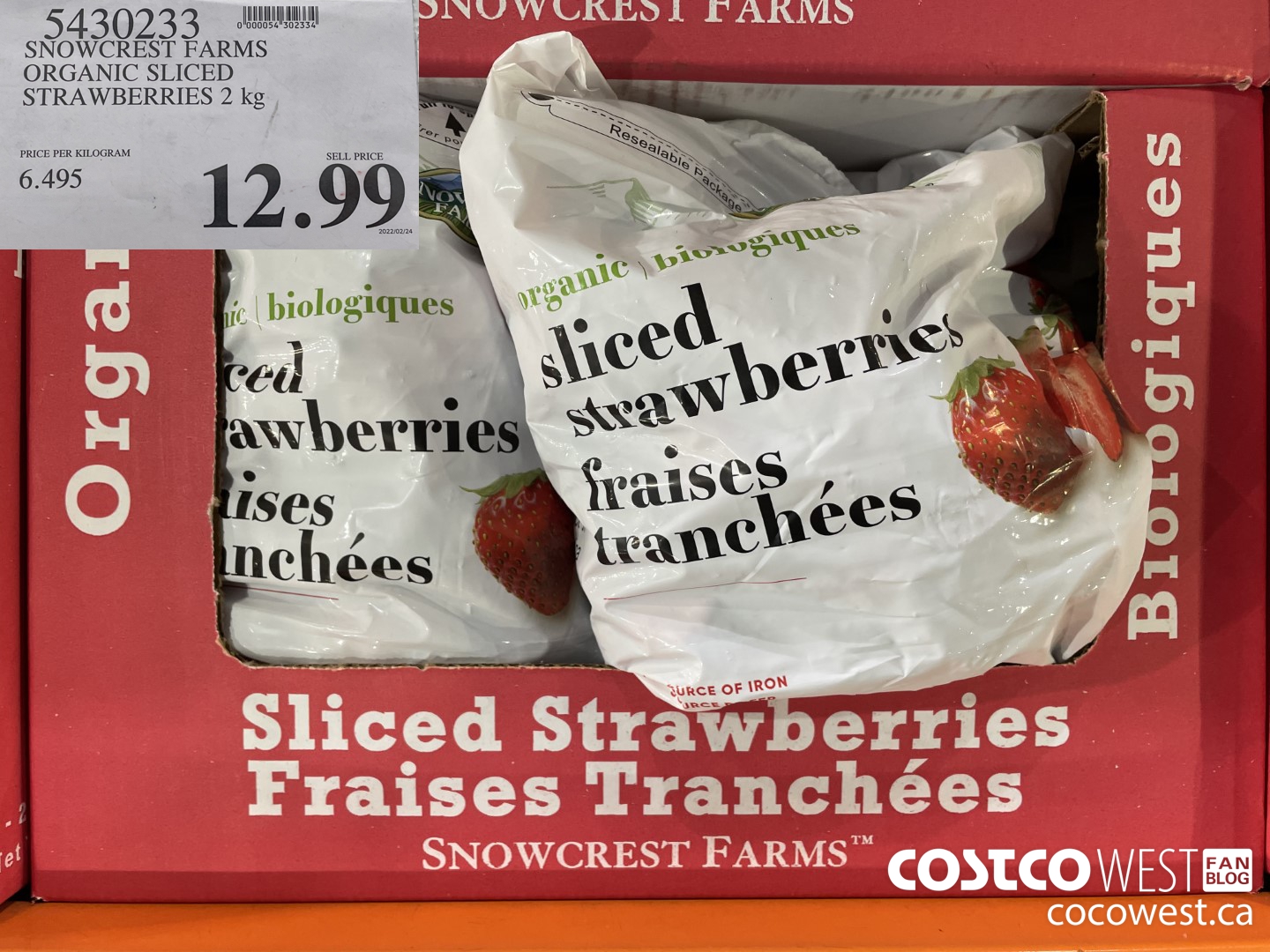 5430233 SNOWCREST ORGANIC SLICED STRAWBERRIES 2 kg $12.99