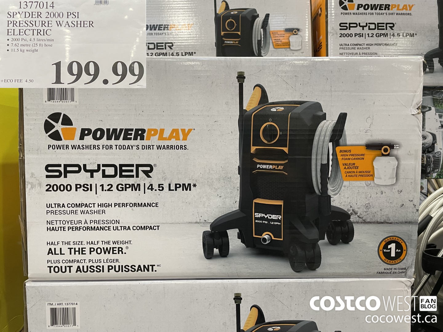 1377014 SPYDER 2000PSI ELECTR PRESSURE WASHER WITH FOAM CANNON $199.99