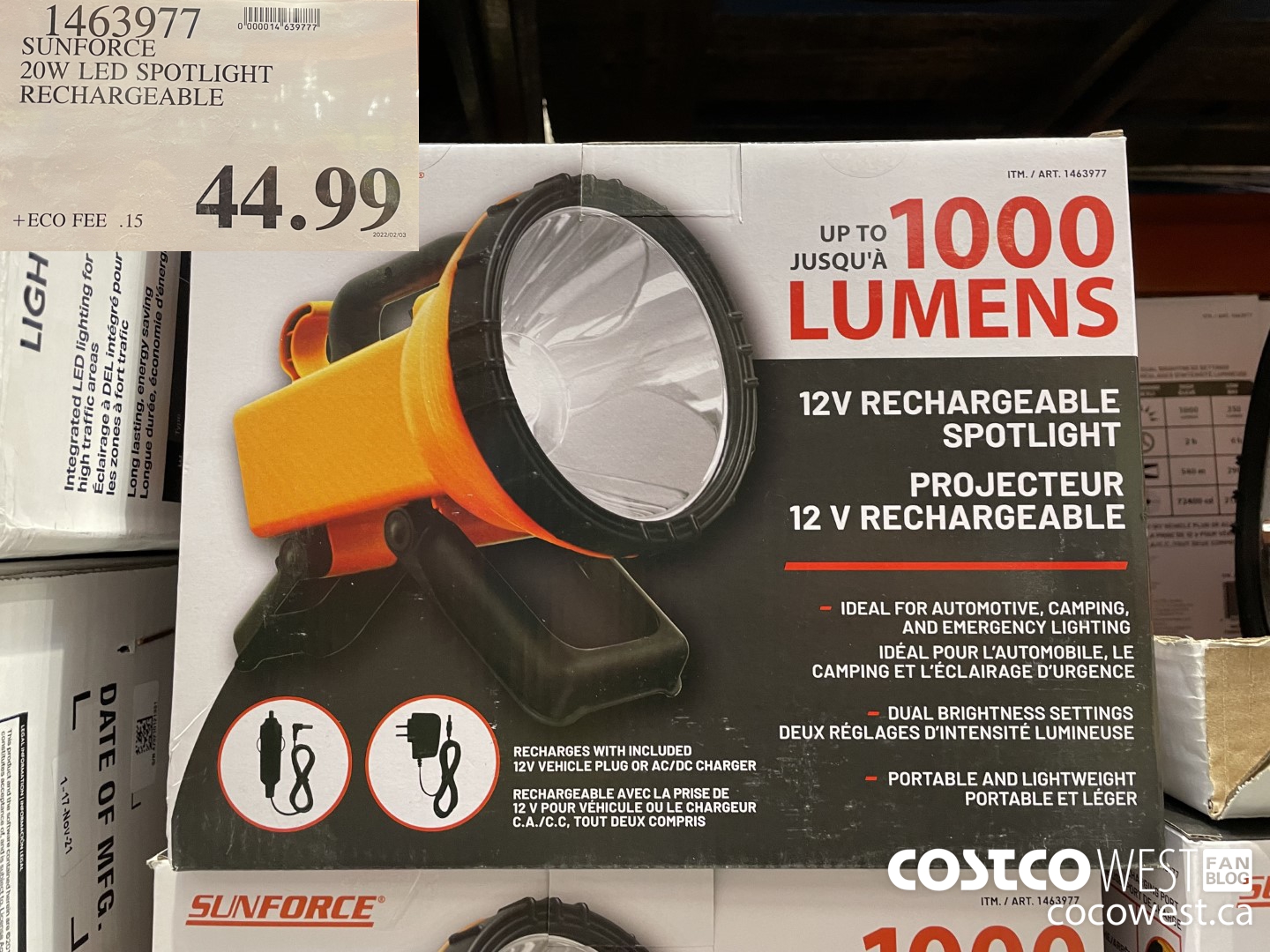 1463977 SUNFORCE 20W LED SPOTLIGHT RECHARGEABLE  $44.99