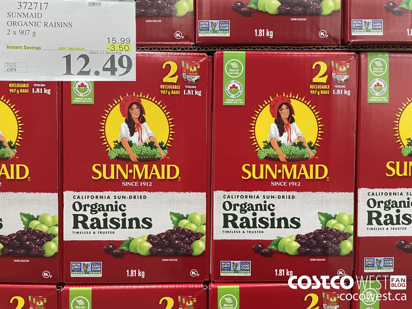 372717 SUNMAID ORGANIC RAISINS 2 X 907 G ($3.50 INSTANT SAVINGS EXPIRES ON 2022-04-01) $12.49