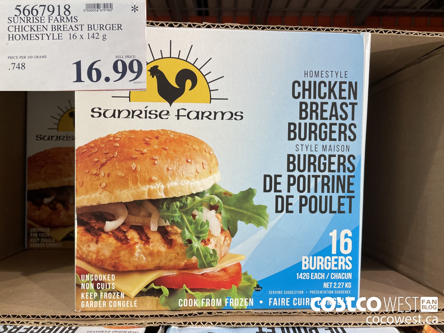 5667918 SUNRISE FARMS CHICKEN BREAST BURGER HOMESTYLE 16 x 142 g $16.99
