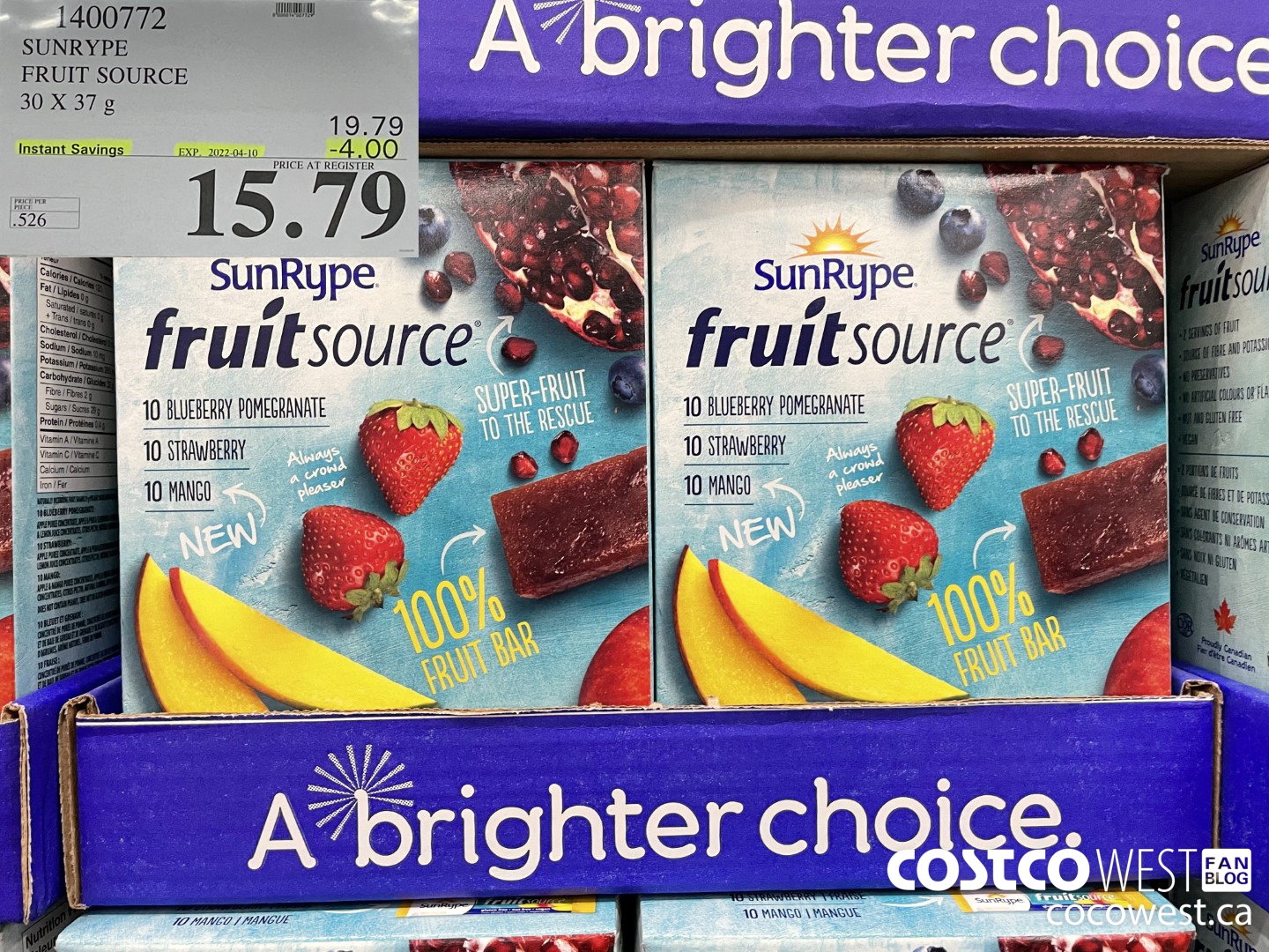 1400772 SUNRYPE FRUIT SOURCE 30 X 37 G ($4.00 INSTANT SAVINGS EXPIRES ON 2022-04-10) $15.79