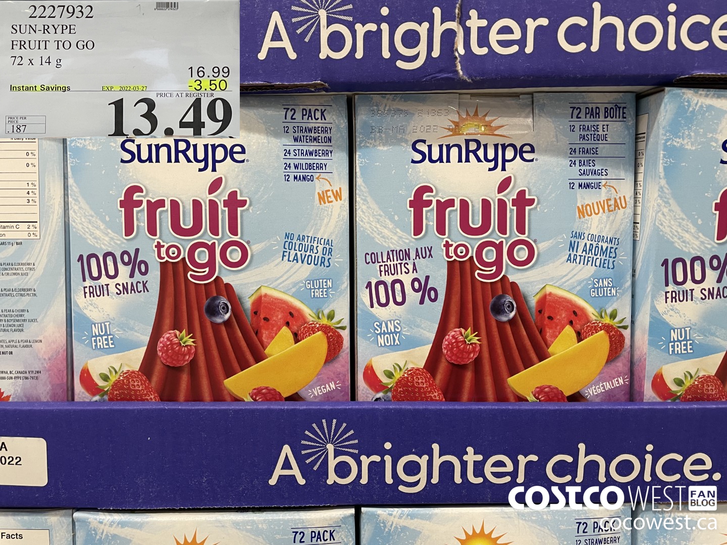 2227932 SUN-RYPE FRUIT TO GO 72 x 14g ($3.50 INSTANT SAVINGS EXPIRES ON 2022-03-27) $13.49