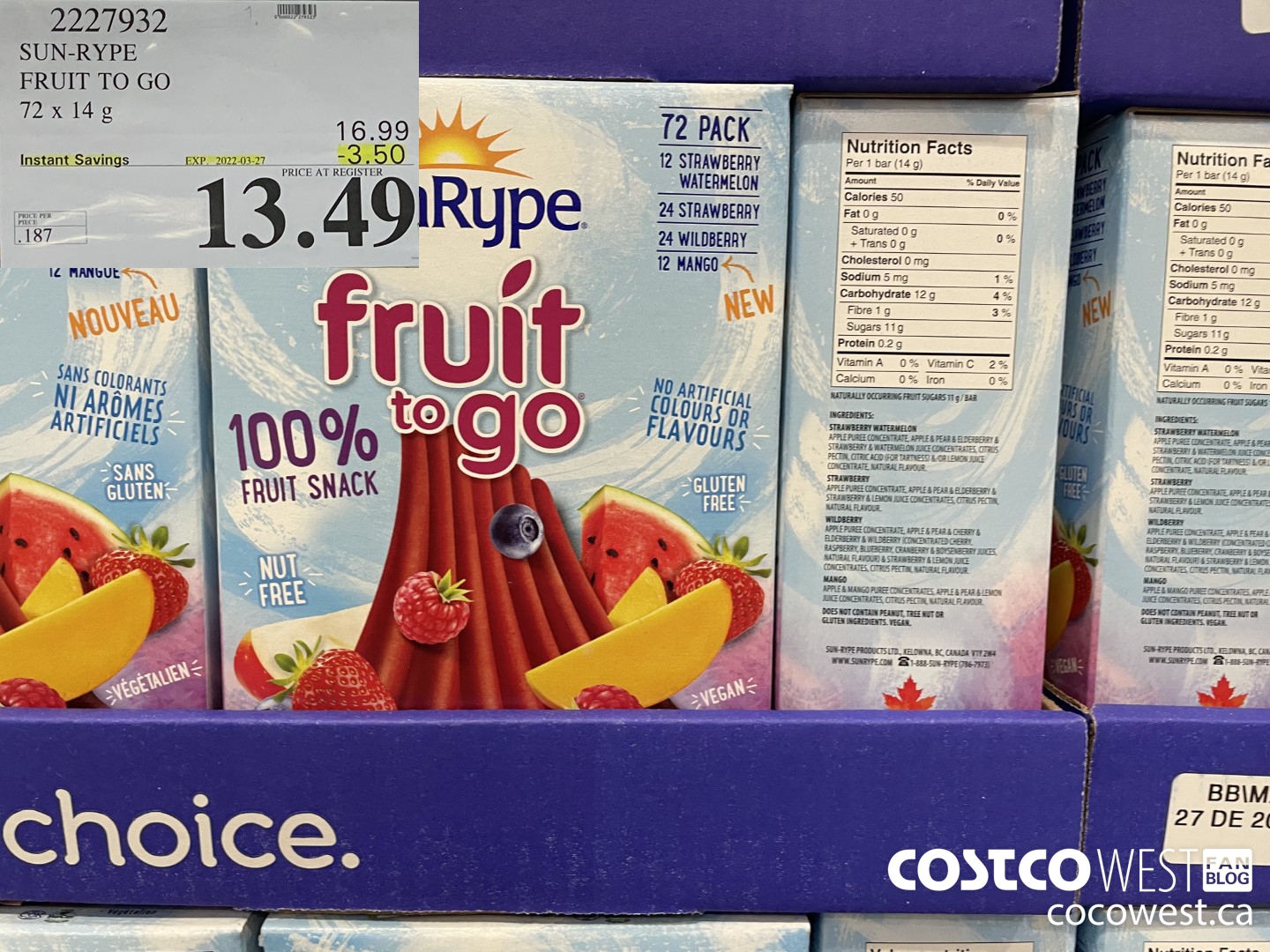 2227932 SUN-RYPE FRUIT TO GO 72 x 14g ($3.50 INSTANT SAVINGS EXPIRES ON 2022-03-27) $13.49