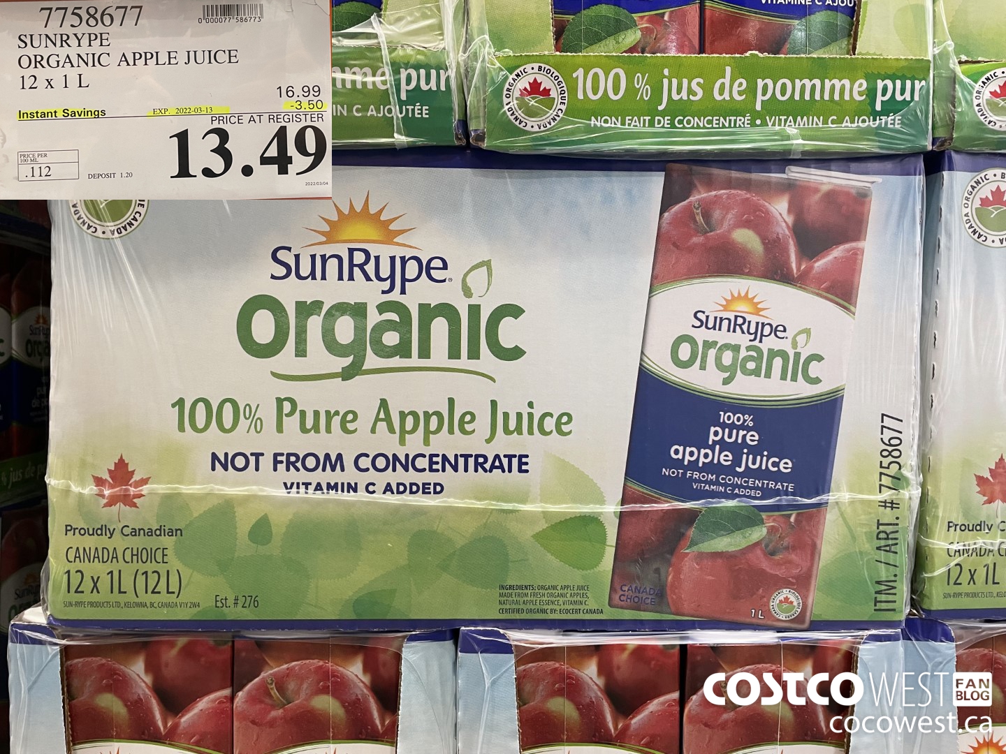 7758677 SUNRYPE ORGANIC APPLE JUICE 12 x 1 L ($3.50 INSTANT SAVINGS EXPIRES ON 2022-03-13) $13.49