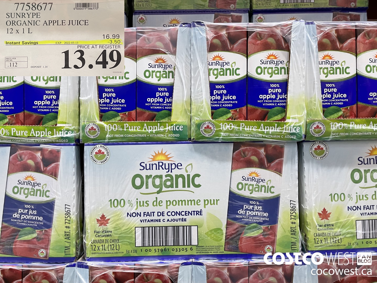 7758677 SUNRYPE ORGANIC APPLE JUICE 12 x 1 L ($3.50 INSTANT SAVINGS EXPIRES ON 2022-03-13) $13.49