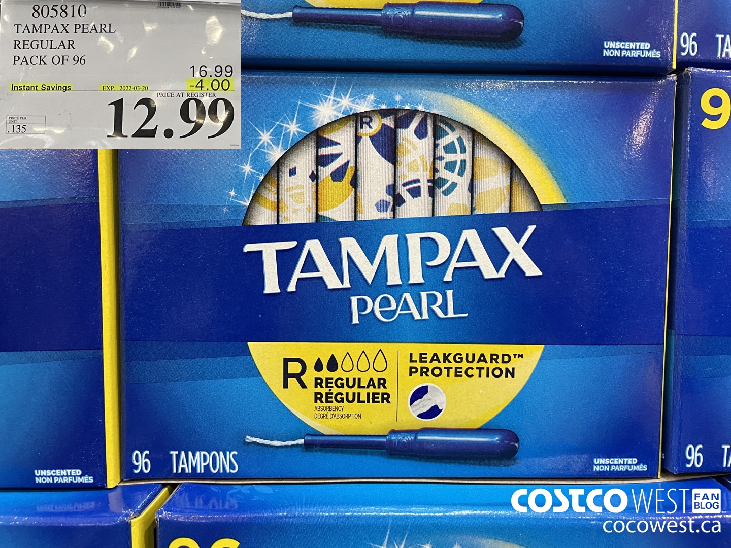 805810 TAMPAX PEARL REGULAR PACK OF 96 ($4.00 INSTANT SAVINGS EXPIRES ON 2022-03-20) $12.99