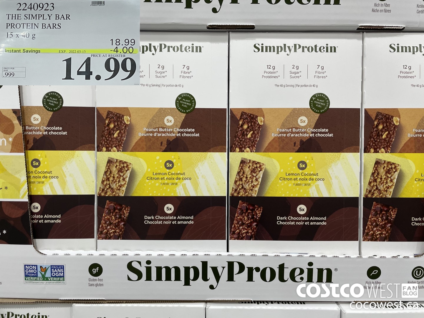 2240923 THE SIMPLY BAR PROTEIN BARS 15 x 40 g ($4.00 INSTANT SAVINGS EXPIRES ON 2022-03-13) $14.99