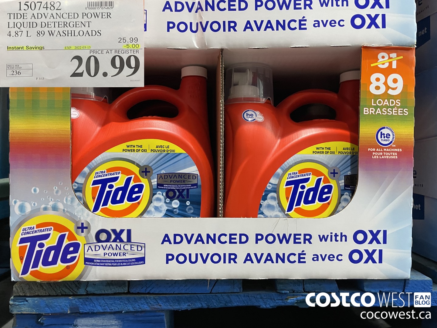 1507482 TIDE ADVANCED POWER LIQUID DETERGENT 4.87 L 89 WASHLOADS ($5.00 INSTANT SAVINGS EXPIRES ON 2022-03-13) $20.99