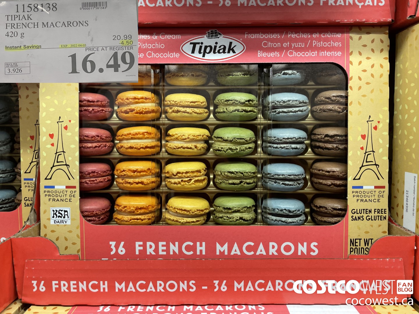 1158238 TIPIAK FRENCH MACARONS 420 g ($4.50 INSTANT SAVINGS EXPIRES ON 2022-04-03) $16.49