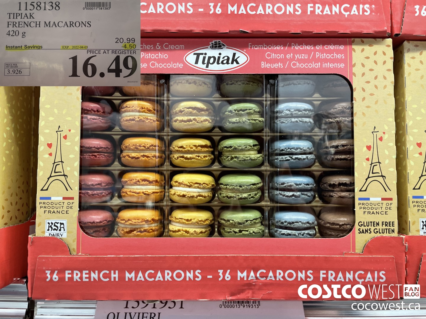 1158138 TIPIAK FRENCH MACARONS 420 g ($4.50 INSTANT SAVINGS EXPIRES ON 2022-04-03) $16.49