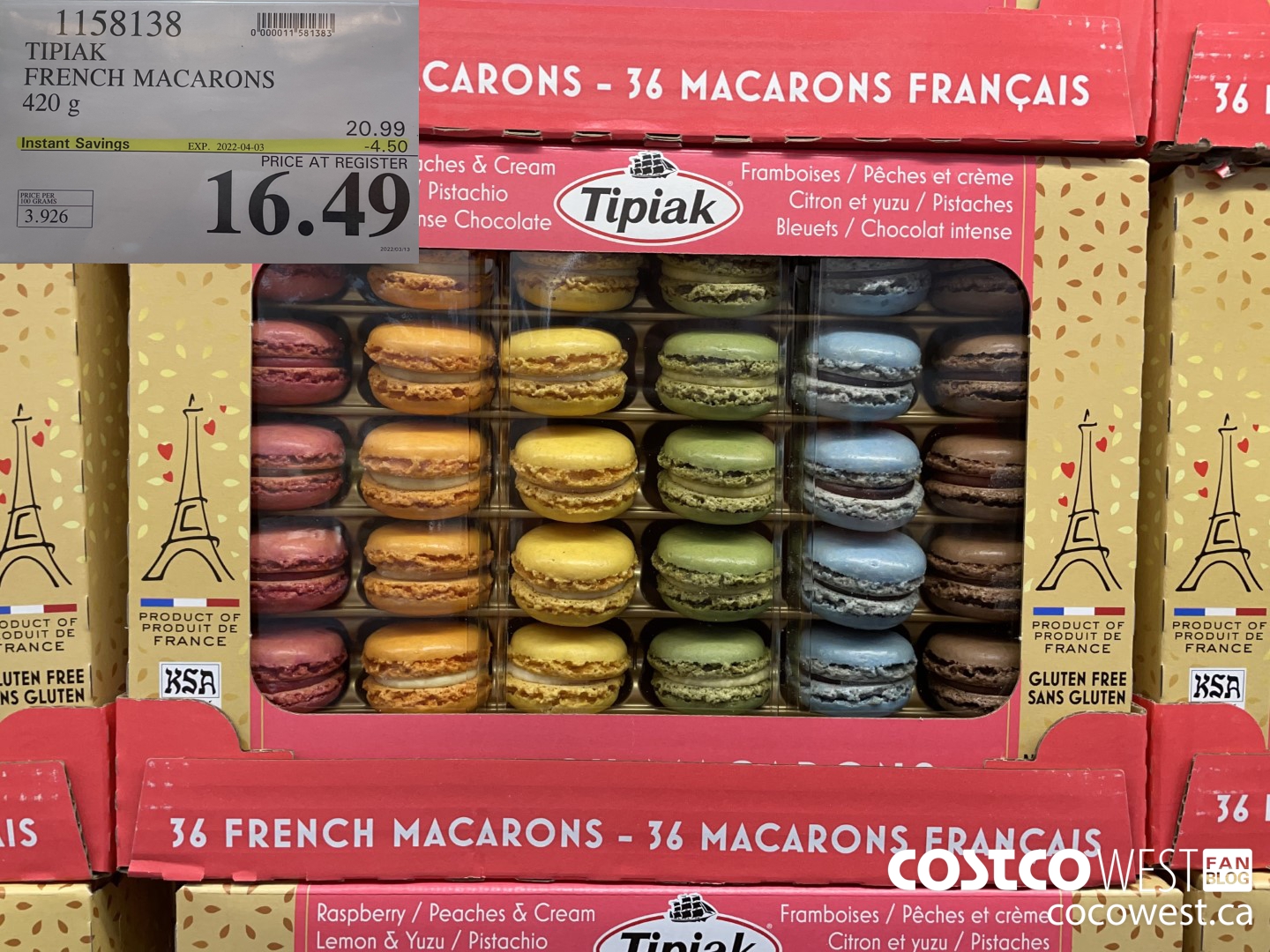 1158138 TIPIAK FRENCH MACARONS 420 g ($4.50 INSTANT SAVINGS EXPIRES ON 2022-04-03) $16.49